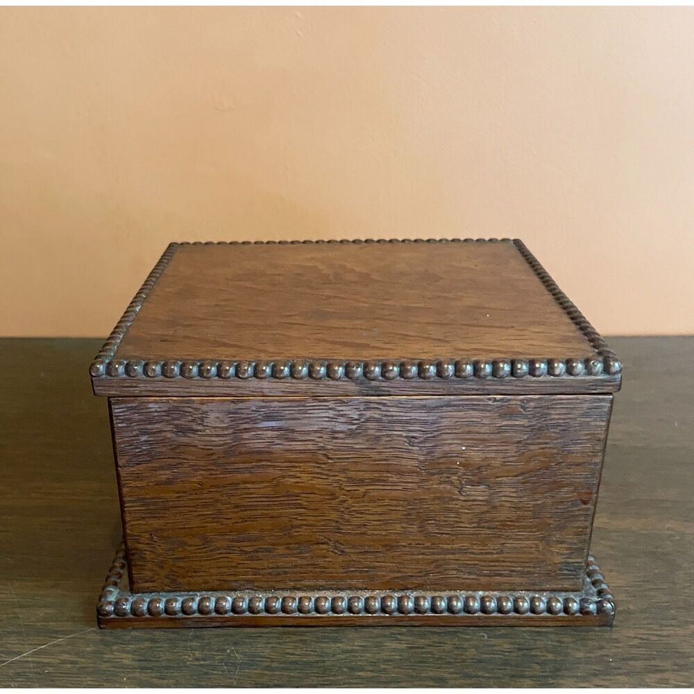Vintage Wood Trinket Box Beaded Edge Hinged Lid Dark Oak Jewelry Keepsake Box